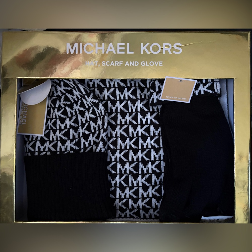 Michael Kors Black and White Logo Scarf Hat and Touch-Tip Gloves.  New in box